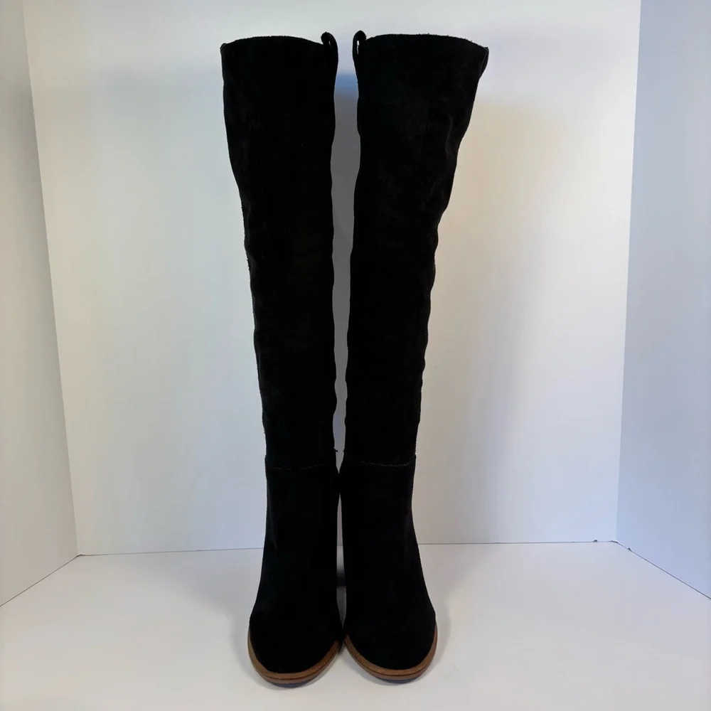 Tall Black Faux Suede Boot with Stacked 3.5”Heel Sz 6 Boho Festival Western